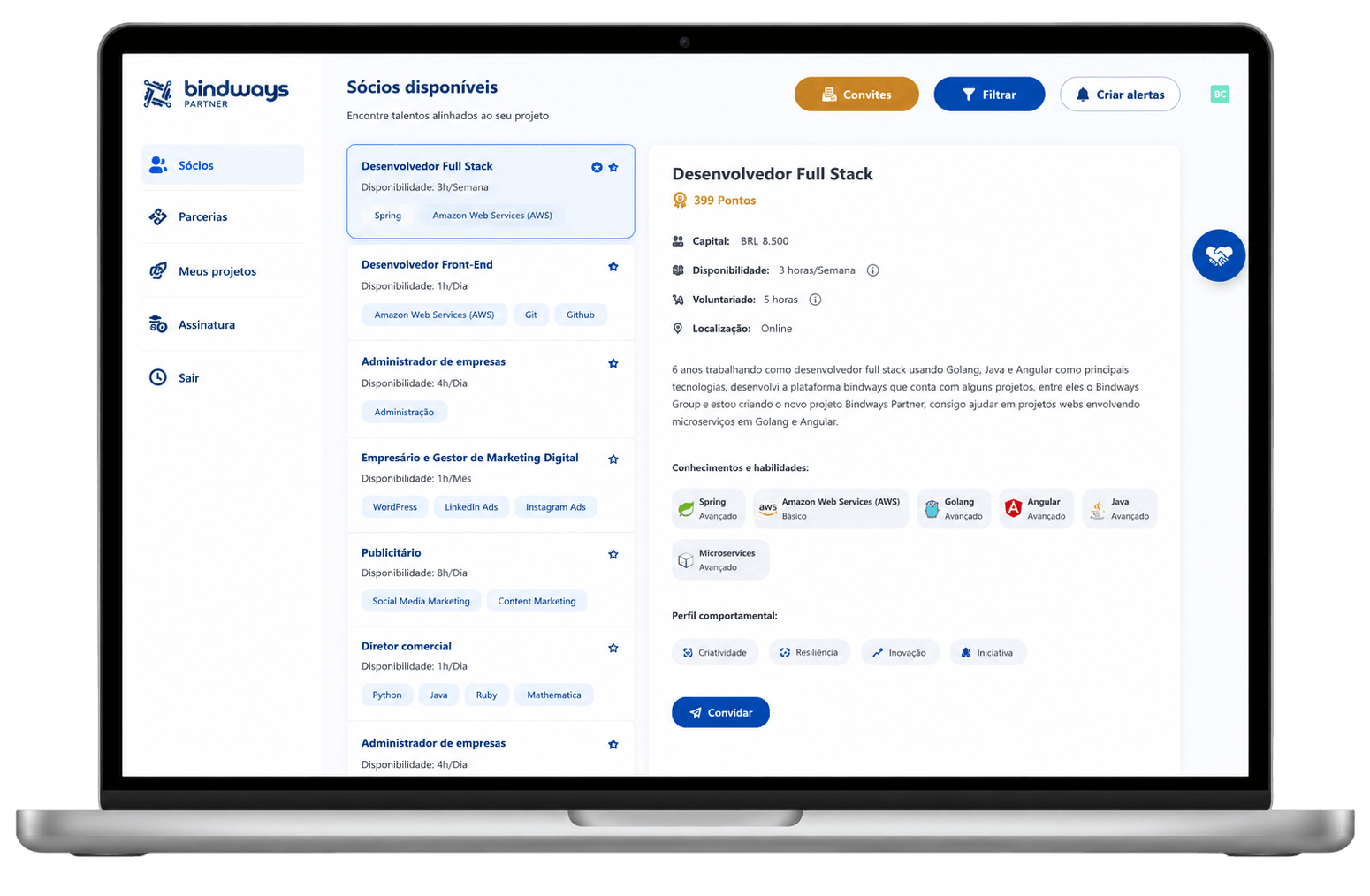 print-screen da startup bindways partner, uma plataforma empreendedora para conectar sócios e parceiros de negócio